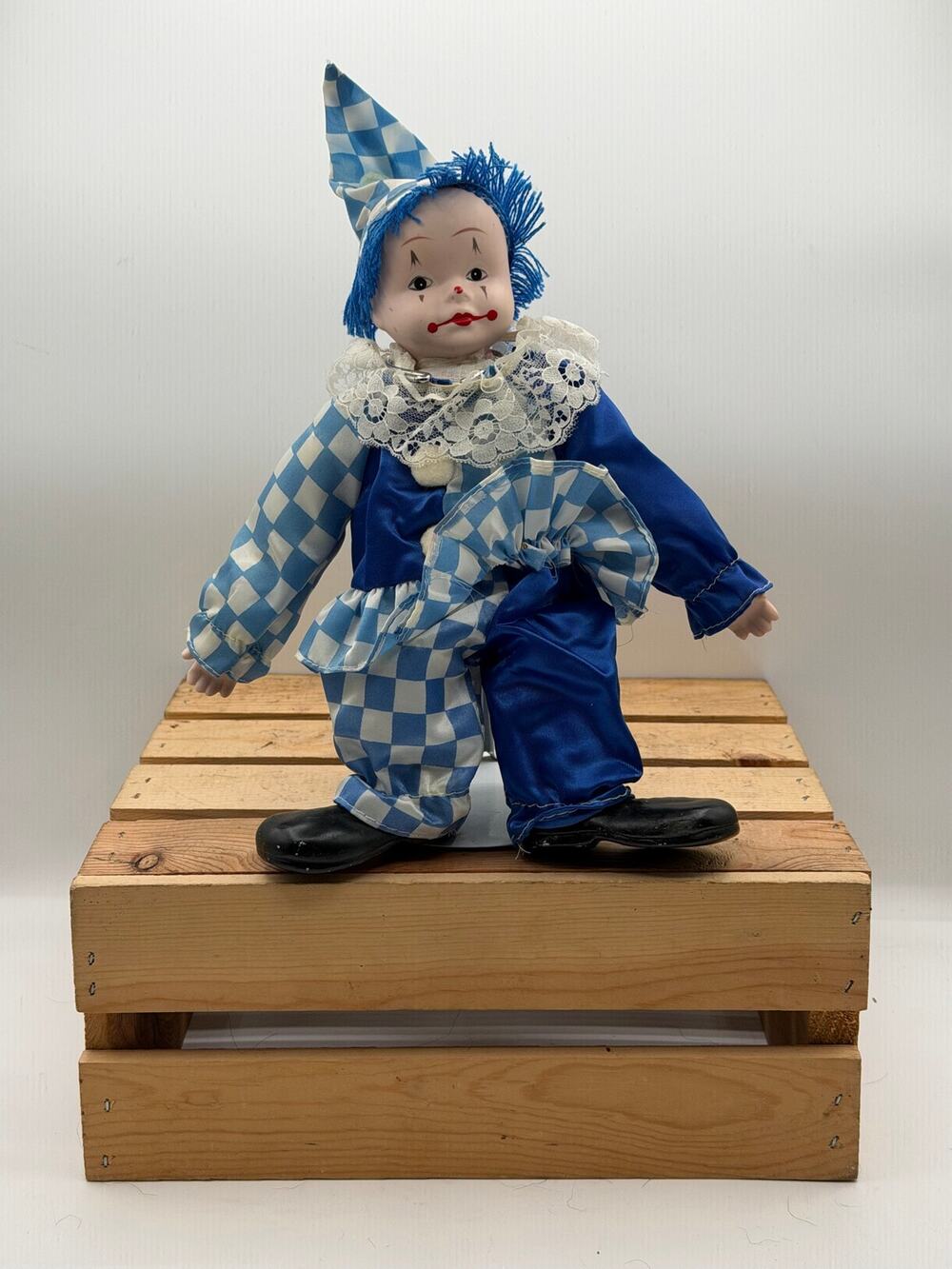 Vintage 1990 Collectible Porcelain Clown Doll Blue Checkerboard Outfit/Stand 10"